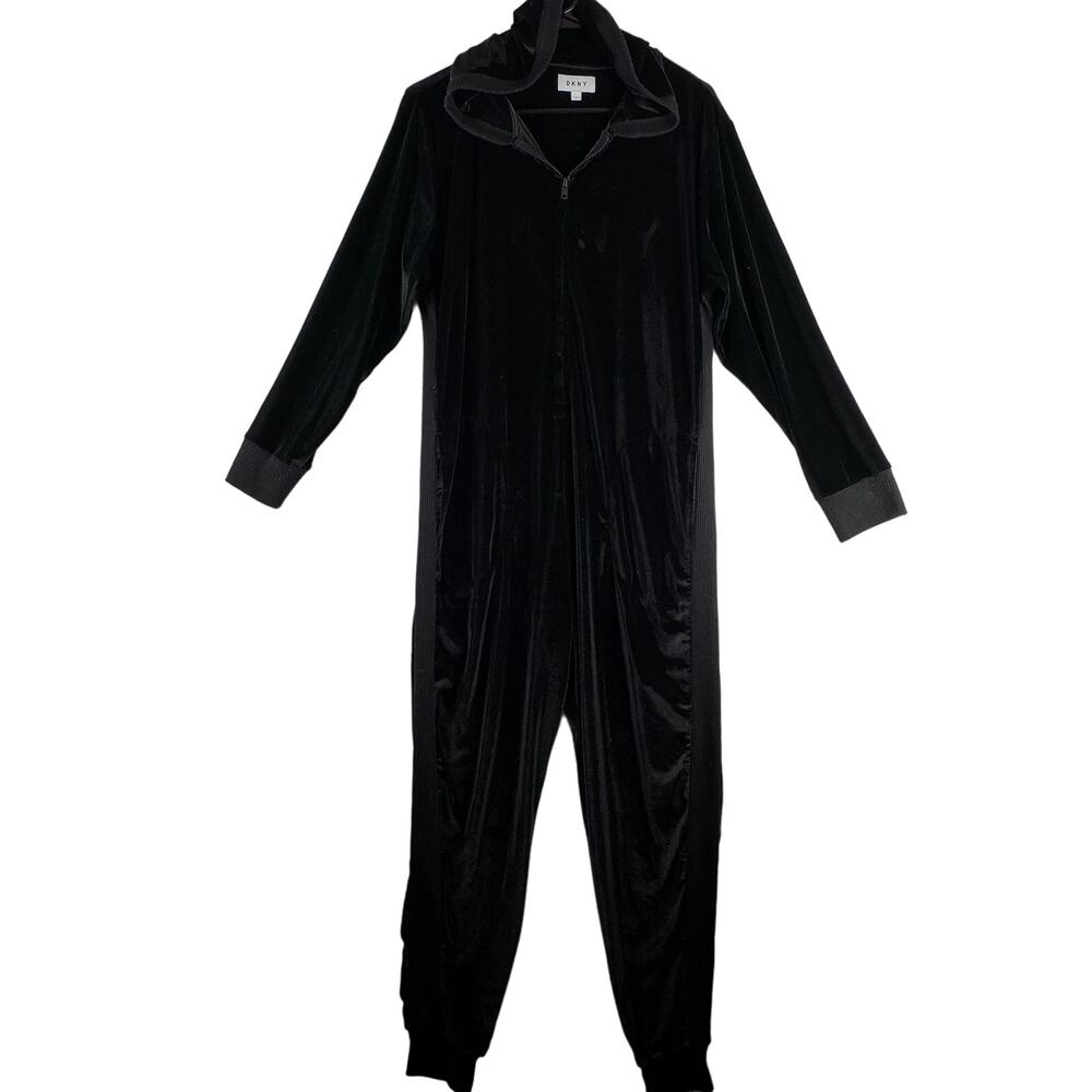 DKNY Women's Size M One Piece Velour Lounge‎ Jumpsuit Black Comfy Cozy Hooded